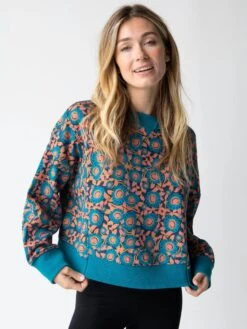 Natural Life Selah Printed Sweatshirt - Teal Dahlias