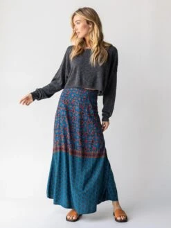 Natural Life Amy Maxi Skirt - Teal Gold Border