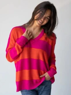 Natural Life Slouchy V-Neck Sweater - Pink Stripe