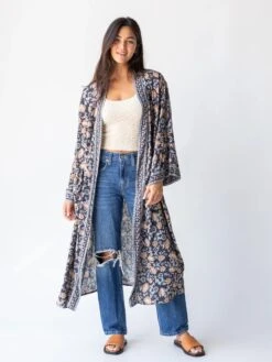 Natural Life Camila Kimono - Charcoal Light Blue Floral