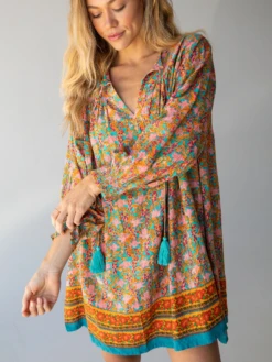 Natural Life Dara V-Neck Mini Dress - Turquoise Orange Border