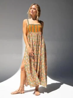 Natural Life Patti Side Slit Maxi Dress - Turquoise Orange Mixed Print