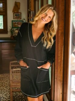 Natural Life Charlie Long Sleeve V-Neck Dress - Black