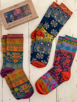 Natural Life Boxed Boho Sock, Set Of 3 - Plum Floral